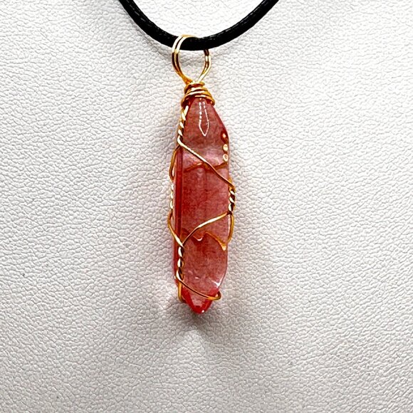 Handmade Pink Crystal Necklace Wrapped In Gold Wire With Black Cord AdJ Necklace - Picture 4 of 9